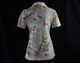 Size 12 Asian Leaves 1970s Top - Short Sleeved 70s Shirt - Beige Orange & Brown Artsy Japanese - Summer Casual Eastern Print - Bust 38.5