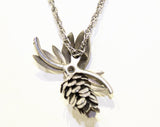 Pine Cone Necklace & Earrings Set - 50s 60s Mid Century Elegant Pendant Demi Parure - Silver Hue Metal - Charming Woodland Rustic Pinecones
