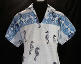 Small Men's 40s Seahorse Shirt - 1940s Novelty Print Sea Horse Cotton - Blue Tiki Aquatic Casual - Short Sleeve Beach Top - Chest 44 - NOS