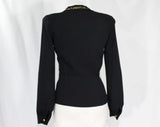 Size 6 1940s Blouse - Chic Black Crepe with Gold Sequined Emblem - WWII Era 40s Rayon Long Sleeved Shirt - Glam Sequin Top - Bust 34.5