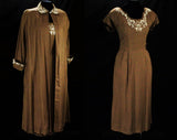Size 6 Bombshell Dress & Coat - Small 1950s Linen Look Rayon Ensemble - 50s Lucy Style Mocha Brown with Studs and Soutache - Waist 26