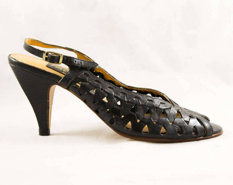 Size 10 Narrow Shoes - Sexy 1980s Brazilian Peep Toe Sandals - Black Cutout Leather Huarache Style - 3 Inch Heels - Unworn 80s Deadstock