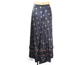 Size 12 Antique Edwardian Skirt - 1900s Gorgeous Blue Medallion Print Silk with Ruching & Pink Trim - Late Victorian 1800s Look - Waist 30.5
