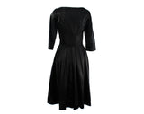 Size 6 Black Satin 50s Party Dress - Small 1950s Cocktail with Sequin Flourishes - Fitted Bodice Square Neckline Full Skirt - Waist 25.5