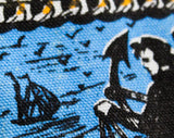 1960s Square End Tie - Antique Sailors Nautical Theme Mens 60s Novelty Print Necktie by Rooster - Blue Orange Cotton - Victorian Ships