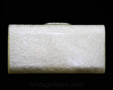1950s White Lucite Handbag - Wilardy 50s Box Purse - Marbleized White Plastic & Romantic Metal Medallion - Rectangular 50's Clutch Hand Bag