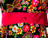 Size 6 Paisley Butterfly Maxi Dress - Bohemian 70s Sleeveless Ankle Length Gown - Black Green Pink Orange Psychedelic with Velvet - Bust 35