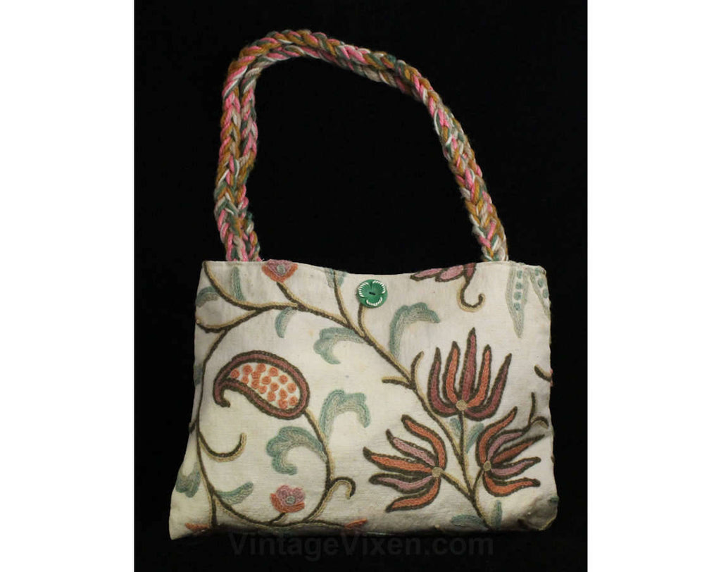 Hippie Chic 1970s Purse - Crewelwork Cotton Canvas Tote with Braided Straps - 70s Summer Boho Handbag - Pink Aqua Cream Crewel Bohemian Bag