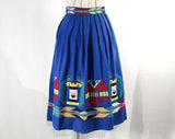 1950s XS Full Skirt - Mexican Quetzal Cotton Brocade - Size 0 50s Rockabilly Pleated Skirt - Blue Green Red Novelty Birds - Waist 23 - 50084