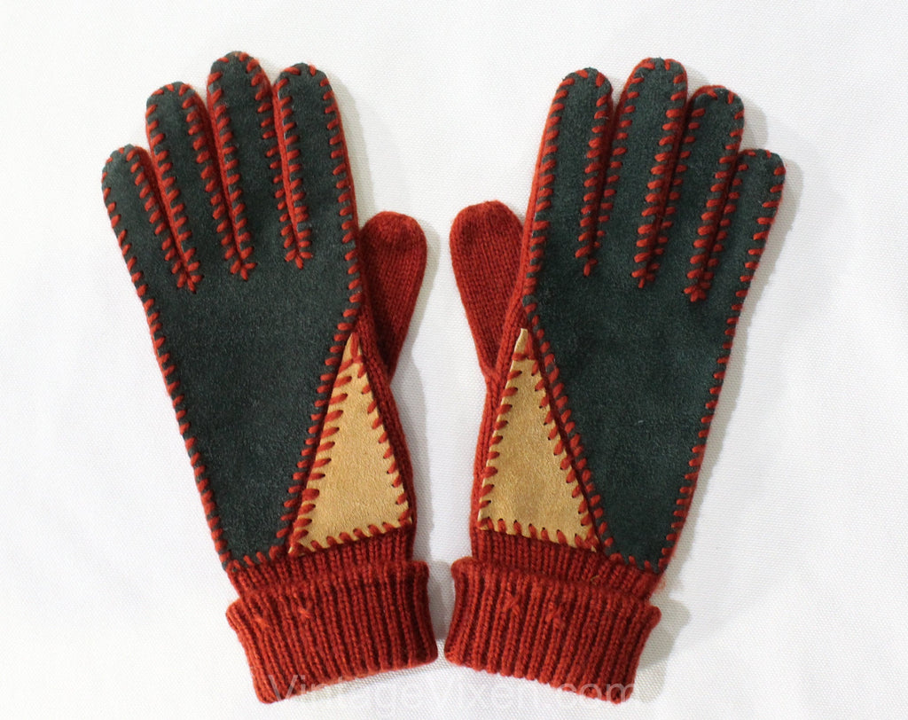 1970s Autumn Suede Gloves - Pair Rust Brown Knit & Sueded Leather Gloves - Forest Green and Tan Color Block - 70s Fall Mitten Style Knit