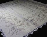 Pastel Embroidered Tablecloth - Cream Cocoa Pink Blue & Mint Green Leaves Embroidery - Soft Elegant Rustic Large Rectangle - Spring Hues