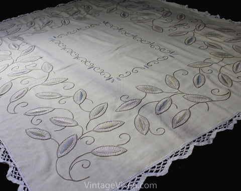Pastel Embroidered Tablecloth - Cream Cocoa Pink Blue & Mint Green Leaves Embroidery - Soft Elegant Rustic Large Rectangle - Spring Hues