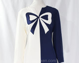 Size 8 Designer Dress by Gene Roye - 1990s Color Block Navy & White Silk Crepe with Trompe L'Oeil Bow - 1920s Schiap Inspired - Bust 36.5