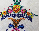 Magnificent Linen Tablecloth & Eight Matching Napkins - 1930s 40s Formal Dinner Embroidered Linens - Roses in Baskets Flourish Cross Stitch