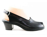 Size 6 1940s Black Shoes - Beautiful Peep Toe 40s Pumps with Broguing & Slingback - 6M WWII Swing Era 40's Deadstock Shoe - Fancy Free