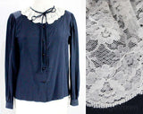 Size 10 Valentino Blouse - 1980s Gorgeous Dark Blue Silk Long Sleeved Shirt - Small Medium 80s Designer Top with Lace Ruffle - Bust 37