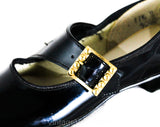 Child's Size 11 1/2 Black Mary Jane Shoes - Authentic 1950s 60s Little Girls Patent Vinyl - Big Buckles - Child Size 11.5 D - Deadstock NIB