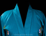 Size Medium Asian Robe - 1960s 70s Turquoise Kimono Style Lounge - Vivid Blue with Metallic Gold Embroidery - Far East Flowers - Bust to 44