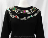 Large 1980s Jewel Sweater - Black Novelty 80s Pullover with Magenta Emerald Ruby Red Faux Gems & Pearls - 80s Oversized Pullover - Size 12