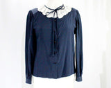 Size 10 Valentino Blouse - 1980s Gorgeous Dark Blue Silk Long Sleeved Shirt - Small Medium 80s Designer Top with Lace Ruffle - Bust 37