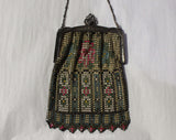 1920s Flapper Purse - Authentic Antique Whiting & Davis Metal Mesh Bag - Art Deco 20s Handbag - Pink Blue Green Floral with Chain Strap
