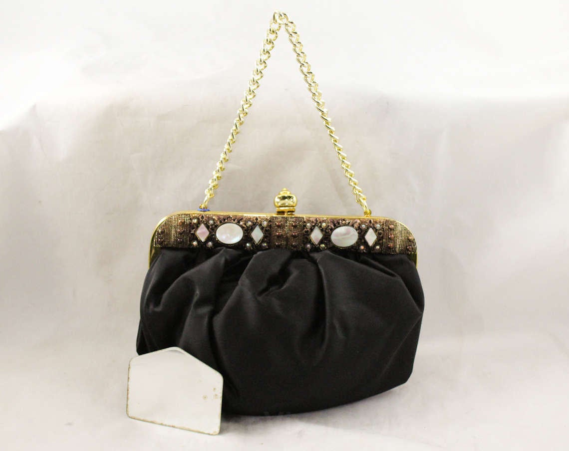 1950s Black Satin Purse - Elegant Pouf Bag with Jeweled Frame - Deadst –  Vintage Vixen Clothing