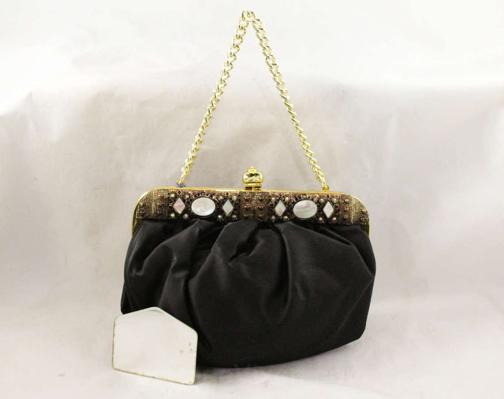 1950s Black Satin Purse - Elegant Pouf Bag with Jeweled Frame - Deadstock 50s Formal Purse - Evening Handbag with Gold Lining - 48102