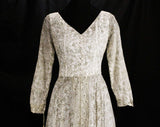 Size 6 Evening Dress - Bohemian Princess 1960s Long Sleeve Formal Gown - Exotic Gray Silk Chiffon & Metallic Gold Dainty Flowers - Bust 34