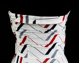 XS 1940s Deco Sun Dress - Size 2 Strapless Summer Full Skirted Frock - Geometric Striped Red, Navy Blue & Gray on White Cotton - Bust 31.5