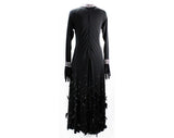 Size 14 Amazing Custom Evening Dress - Black Formal Gown with Rhinestones & Feather Hem - Unique Performer's Ensemble with Attached Gloves