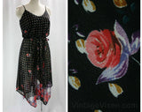Size 6 Sun Dress - Small Black Floral 70s Casual Dress - Roses Print Knit - Blouson - Handkerchief Hem - Summer Lolita - Bust 34 - 42189