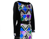 Size 8 Black Tribal Print Maxi Dress - 1960s Long Sleeve A-Line Sheath & Belt - Purple Blue Emerald Green Geometric 60s Polyester - Bust 38