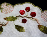 Cherries Antique Linens - Society Silk Embroidered Victorian Centerpiece - Art Nouveau Round Doily Style - Botanical Red Cherry Embroidery