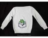 Size 3T Girl's Sweater - Cute 1970s Retro Toddler's Pullover with Frog in Trompe L'Oeil Pocket - 70s Green Froggy Embroidery - Chest 23