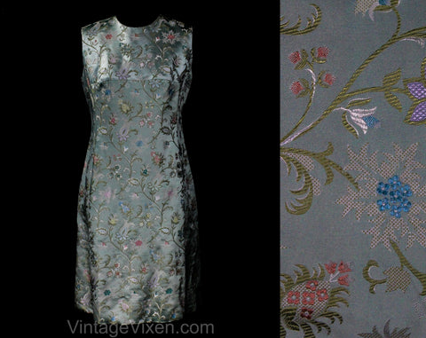 Size 6 Cocktail Dress - Gorgeous 60s Florentine Style Silk Brocade - Sleeveless 1960s Satin Sheath - Pink Green Blue Fine Floral Tapestry