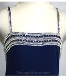 Size 4 Formal Dress - Navy Beaded Jersey 1970s Evening Gown & Overlay - Small Strappy Dark Blue with Bandeau Neckline - Bust 32.5 - 31623-1