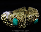 1950s Baroque Style Bracelet - Ornate Victorian Inspired Gold Hue Filigree - Marbled Green Oval Cabochons - 50s 60s Antique Look Panels