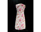 Size 6 60s Dress - Sleeveless 1960s Floral Sheath - Pink White & Khaki Tulip Style Flowers - Spring Summer Painted Look Crepe - Bust 34