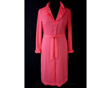 Size 12 1960s Dress - Coral Pink Sheath with Ruffled Neck & Cuffs - Designer - 145 Dollar Price Tag - Bust 39 - Waist up to 37 - 36520