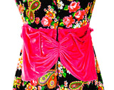 Size 6 Paisley Butterfly Maxi Dress - Bohemian 70s Sleeveless Ankle Length Gown - Black Green Pink Orange Psychedelic with Velvet - Bust 35