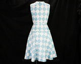 Size 6 1950s Sun Dress - Turquoise Blue & White Faux Quilted Cotton - Novelty Dangles - 50s Early 60s Sleeveless Summer Frock - Bust 34