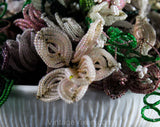 1950s French Beaded Flowers in White Milk Glass Bowl - Hand Beadwork Floral Arrangement - Spring Lavender Lilac Light Purple Green & White