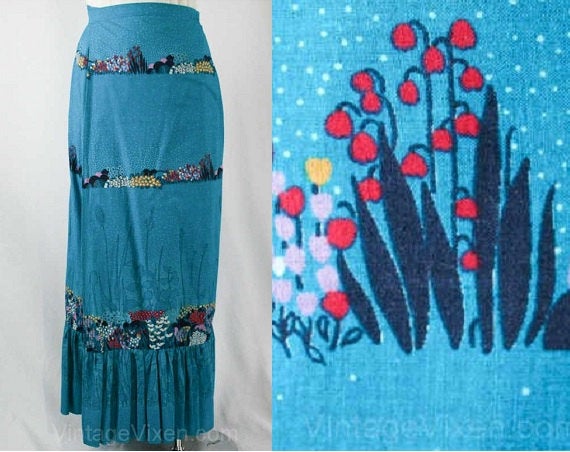 Size 8 Turquoise Summer Skirt - 70s Wrap Maxi Skirt - Teal Meadow Flowers Cotton Perspective Print - Resort Chic - Waist 28 to 29 - 40354-1