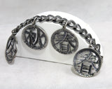 Terrific 1960s Asian Charm Bracelet - Four Seasons Style Metal 60s - Antiqued Pewter Color Silver - Big Jangling Discs - Far East by Napier