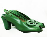 Size 6 1940s Green Shoes - Art Deco Style Open Toe Leather Pumps - 30s 40s Jungle Snake Hue Heels with Ovals - WWII Era 40's NOS Deadstock