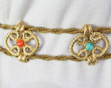 1960s Goddess Belt - Small Medium Large - 60s Body Jewelry - Gorgeous Gold Hue Metal Cord - Faux Coral Orange - Turquoise Blue - Jade Green