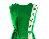 As Is Size 12 Green Asian Dress - Large 1960s Emerald Sheath with Border Chinese Characters Embroidery - Far East 60s - Tie Belt - Bust 40