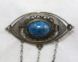 Antique Style Brooch with Lapis Lazuli Blue Glass Stones - Boho Victorian Inspired Pin - 1970s Antique Revival Jewelry - Dangling Teardrops