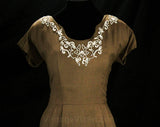 Size 6 Bombshell Dress & Coat - Small 1950s Linen Look Rayon Ensemble - 50s Lucy Style Mocha Brown with Studs and Soutache - Waist 26
