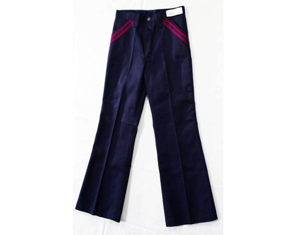 Teen Size 14 1970s Pants - Dark Navy Blue Bellbottoms - Teenage Boy's 70s Denim Style Like Jeans with Red Stripes - Waist 26 - NOS Deadstock